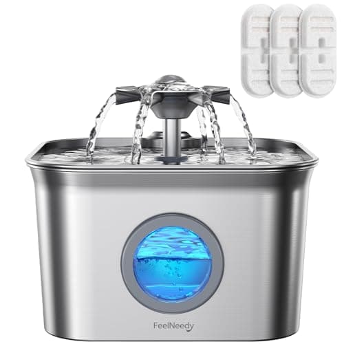 Stainless Steel Cat Water Fountain, 2.8L with 20dB Ultra-Quiet Pump- Ideal for Timid Pets, LED Water Level Window, Dishwasher Safe, 24/7 Circulation- Includes 3 Replacement Filters