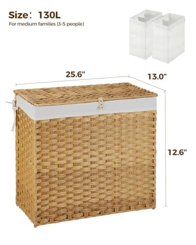 Greenstell Laundry Hamper with Wheels&Lid, 130L Large 3 Sections Clothes Hamper with 2 Types Removable Liner Bags, 5 Mesh Laundry Bags, Handwoven Divided Laundry Basket for Clothes, Natural 5