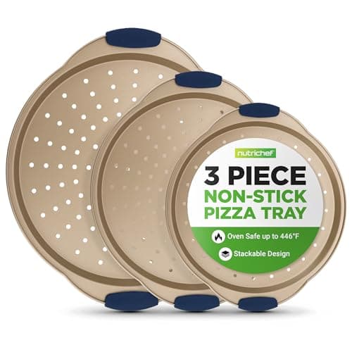 NutriChef 3-Piece Pizza Tray Set with Silicone Handles - Round Nonstick Pizza Pan with Perforated Holes, Durable Carbon Steel, Small, Medium, Large Sizes - Ideal for Crispy, Evenly Baked Pizzas (Gold)