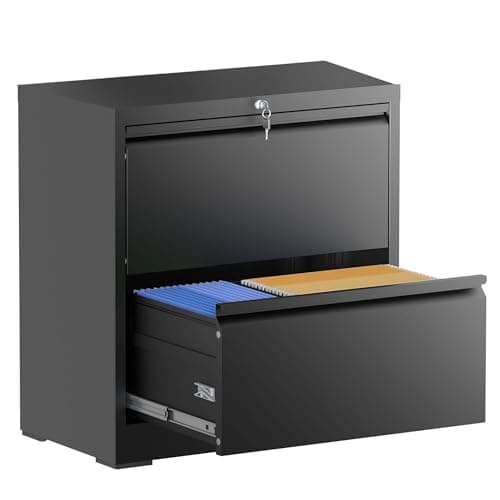 FOSTOKO Lateral File Cabinet with Lock, 2 Drawer Filing Cabinet, Metal File Cabinets for Home Office, Steel Heavy-Duty Filing Storage Cabinet for Letters/Legal/A4 (Require Assembly, Black)