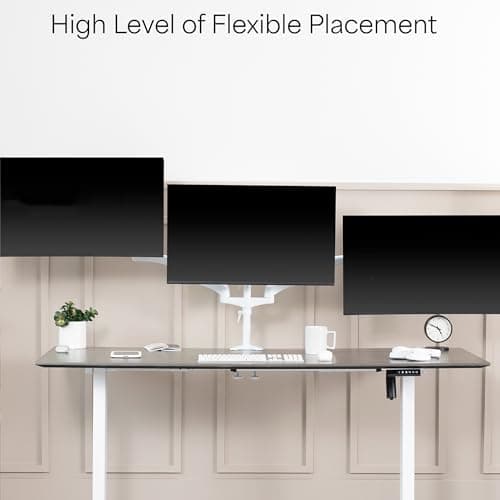 VIVO 17 to 32 inch Triple Pneumatic Monitor Mount, 2 Pneumatic Arms, 1 Fixed, Adjustable Swivel, Rotation, Heavy Duty VESA Desk Stand with C-clamp, Max VESA 100x100, White, STAND-V300GW 10