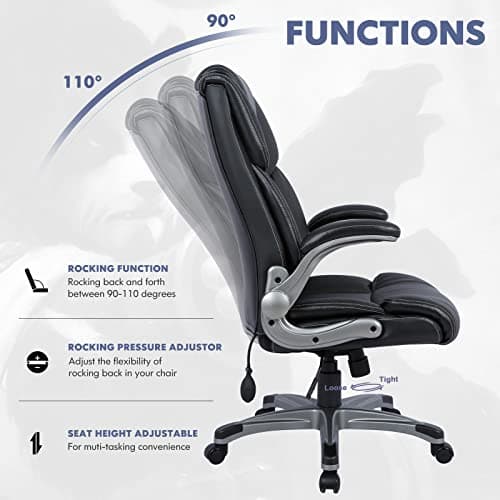 COLAMY High Back Executive Office Chair - Padded Leather Ergonomic Computer Desk Chair with Inflatable Lumbar Support & Flip-Up Arms, Adjustable Tilt Lock Swivel Task Chair for Home Office, Black 6