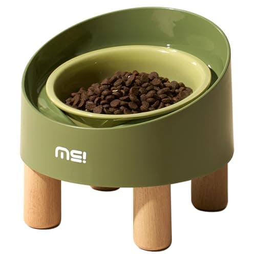 MS!MAKE SURE Cat Bowls, Adjustable Elevated Ceramic Cat Bowls with Anti-Slip Rubber Pad, Splash Guard, Lead & Cadmium Free, Whisker Friendly, for Puppies & Cats - 5.1" Wide, 295ML (10 oz), Green