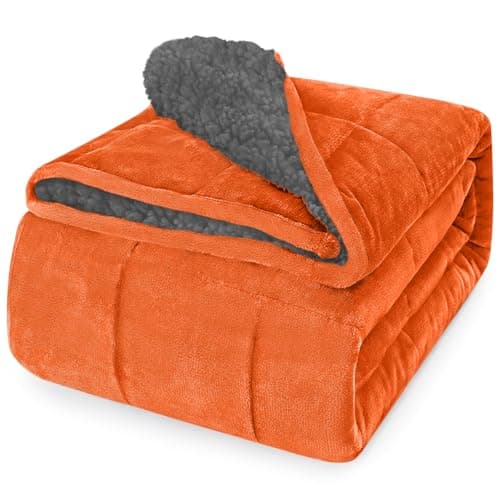 CYMULA Flannel Weighted Blanket for Adults - 60×80inch Sherpa Fleece Heavy Blanket - Breathable Soft Blanket 15lbs Twin/Full Size - Snuggly Bed Blankets with Glass Beads - Orange & Grey