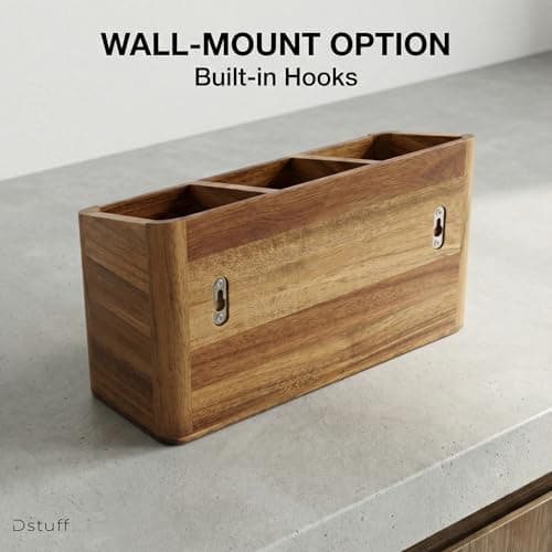 Dstuff Large Kitchen Utensil Holder Organizer for Counter or Countertop, Large Wooden Utensil Holder for Storage Cooking and Silverware with 3 Compartment, Acacia Rustic Wood Container Extra Large 5