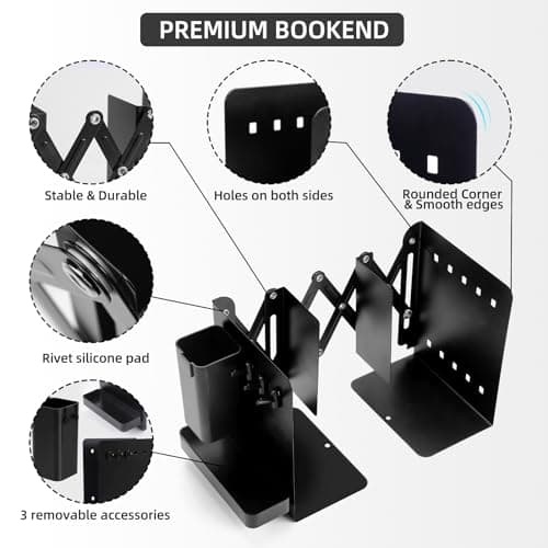 ALKALO Adjustable Bookends, 19" Metal Book Ends for Heavy Books, 2 Dividers Bookends with Removable Pen Holder, Tray, and 3 Hook-up, Book Organizer for Office, School, Bookstore, Home 5