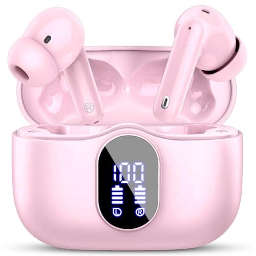 Wireless Earbuds, Bluetooth 5.4 Headphones Bass Stereo, Ear Buds with Noise Cancelling Mic, LED Display in Ear Earphones Clear Calls, IP7 Waterproof Bluetooth Earbuds for Laptop/Phones/Sports, Pink
