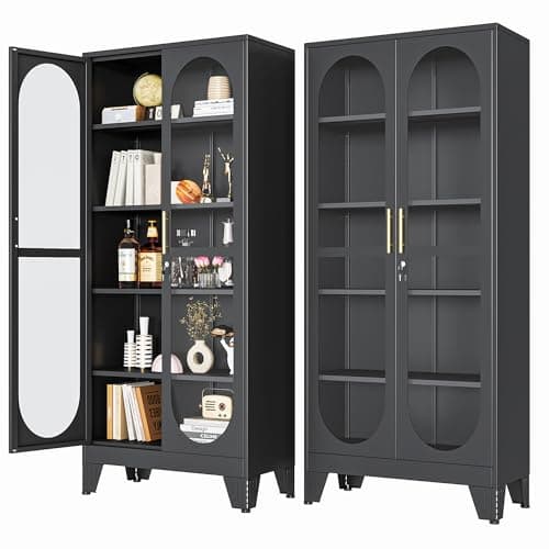 PAOFIN 71" H Locking Display Cabinet with Glass Door, Metal Curio Cabinets with 4 Adjustable Shelves, Tall Liquor Cabinet Display Case for Living Room, Collectibles, Home - Assembly Required Black