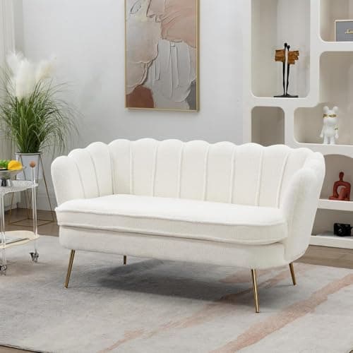 Anwick 59" Small Modern Chenille Loveseat Sofa, 2-Seater Sofa with Gold Metal Legs, Small Couch with Flower Shaped Back for Living Room Bedroom Office (Ivory)