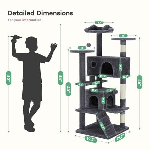 DUMOS 54-inch Indoor Cat Tree Tower –Multi-Level Pet House for Large Cats with 2 Condos, Scratching Posts, Round Platform, Small Ladder, and Toys – Perfect for Cats of All Ages, Dark Grey 7
