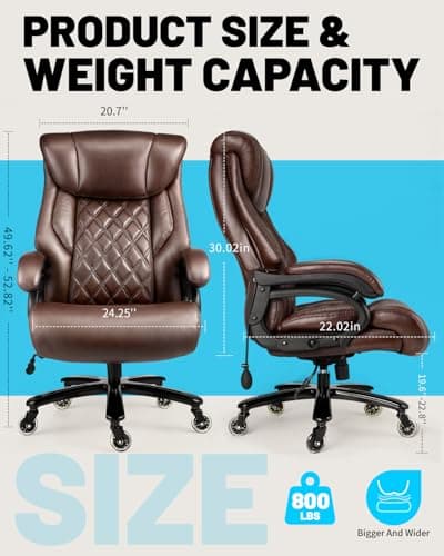 800lbs Executive Chairs, Executive Office Chairs for Big and Tall with Adjustable Lumbar Support, Office Chair for Heavy People, Leather Desk Chairs with Quiet Rubber Wheel and Extra Wide seat 8