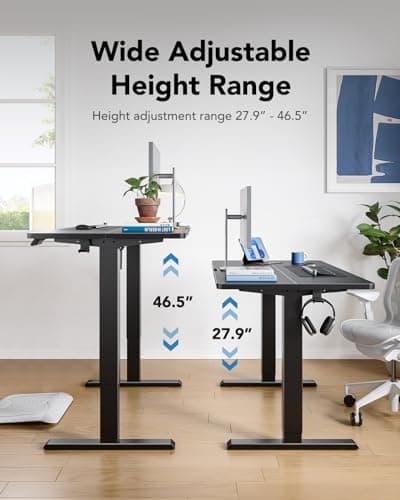HUANUO 55" x 28" Electric Standing Desk Adjustable Height, 4 Memory Height Settings, Headphone Hook, Cable Manager, Sit Stand Up Desk for Home Office & Computer Workstation, Black 6