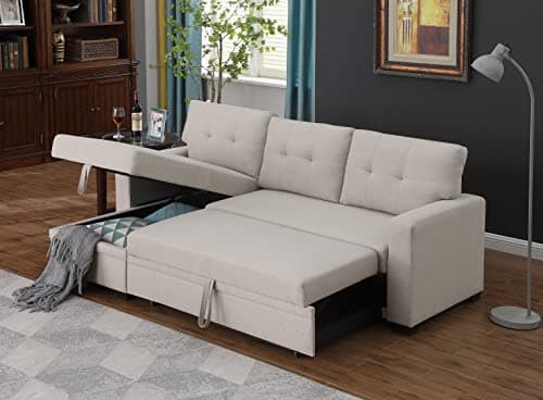 FurGenius L-Shape Convertible Sleeper Sectional Sofa with Storage Chaise and Pull-Out Bed, Linen Upholstered Reversible Corner Couch w/Arms for Living Room, Apartment, Home Furniture, Beige