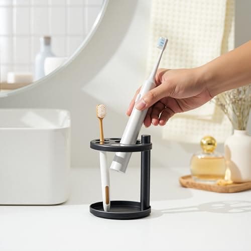 Metal Toothbrush Holder Stand for Bathroom: Stainless Steel Ventilated Organizer with Slots for Electric Toothbrushes, Toothpaste, Razors & Small Comb, Unique Footprint Base Design, Black 7