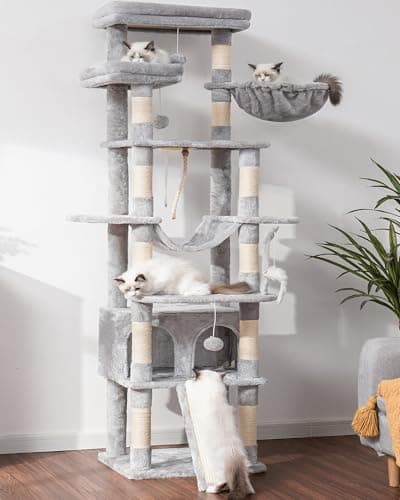 Heybly Tall Cat Tree, 78-inch Multi-Level Cat Tower for Indoor Cats, 2 Widened Plush Perches Cat Condo with Scratching Board and Big Caves, Light Gray HCT033W 9