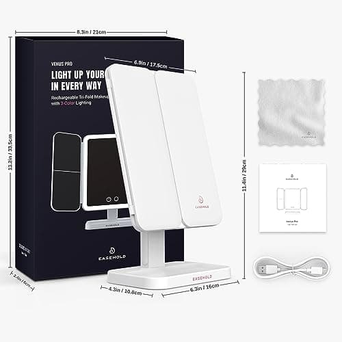 EASEHOLD Lighted Makeup Mirror with 3X Magnification, 3 Color Lights & Touch Sensor - Rechargeable Trifold Vanity Mirror for Travel, Desk, Home Use 9