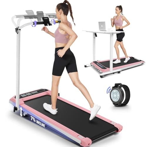 Walking Pad Treadmill With Adjustable Handle Bar, 7.5MPH Under Desk With 7% Incline, 4 in 1 Foldable for Home/Office, 300 Lbs Capacity, Compact With LED Display, Pink