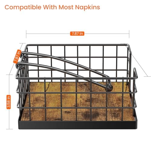 Homode Napkin Holder for Table, Farmhouse Napkin Holders for Paper Napkins, Flat Napkin Basket with Weighted Arm, Wood Kitchen Napkin Dispenser, Rustic Brown and Black 8