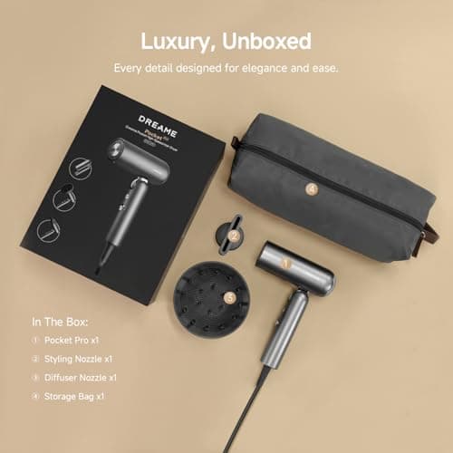 Dreame Pocket Pro Hair Dryer, Dual Voltage Travel Blow Dryer with Diffuser, 1300W Professional HighSpeed Ionic Hair Blower, Fast Drying, Low Noise, Lightweight, No Heat Damage, Global Travel 120V/240V 11