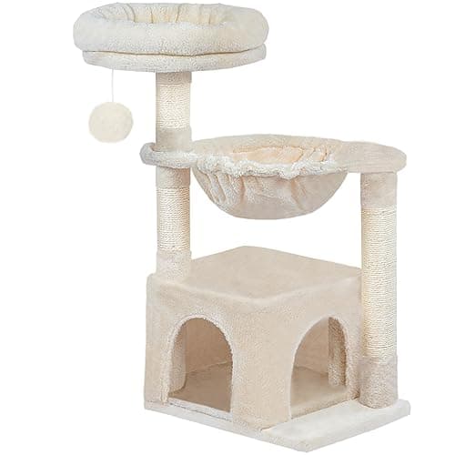 HOOBRO Small Cat Tree Tower with Luxury Condo, Basket Hammock for Indoor Kittens with Scratching Posts, Kittens Pet Activity Tree, Beige BE07CT03