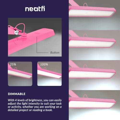 Neatfi XL 2,500 Lumens 30W LED Task Lamp for Manicure Table, Crafts, Workbench, Office - 22” Wide Shade Desk Light | Eye-Caring 6500K | 4-Level Brightness | Clamp Mount (Non-CCT, Pink) 5