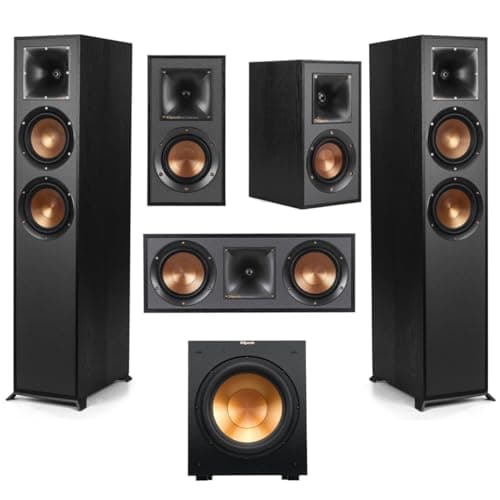 Klipsch Reference 5.1 Home Theater Pack with 2X R-620F Floorstanding Speaker, 12SW Subwoofer, 52C Center Channel and -41M Bookshelf, Black
