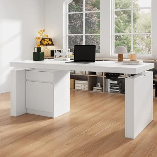 Homsee Large Home Office Electric Standing Desk with Drawer and Cabinet, Height Adjustable Stand up Desk, 70.9" Computer Executive Corner Table, White