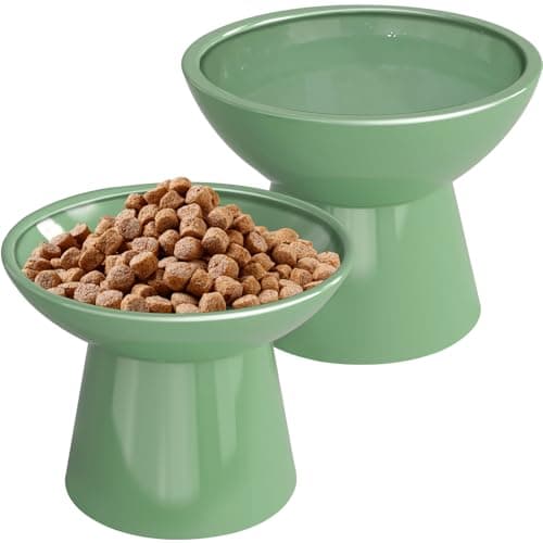 SUNQEBO Elevated Cat Bowls, Raised Cat Bowl for Indoor Cats, Set of 2 Prevent Whisker Fatigue Pet Food Water Small Dog Feeding Bowl, Anti Vomiting Protect Kitty Spine (Ceramic, Light Green)