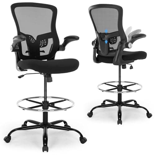 Bondesin Drafting Chair, Ergonomic Tall Office Chair with Lumbar Support Standing Desk Stool with Flip-up Armrests Comfy High Office Desk Chair with Adjustable Foot Ring for Counter Height Desk, Black