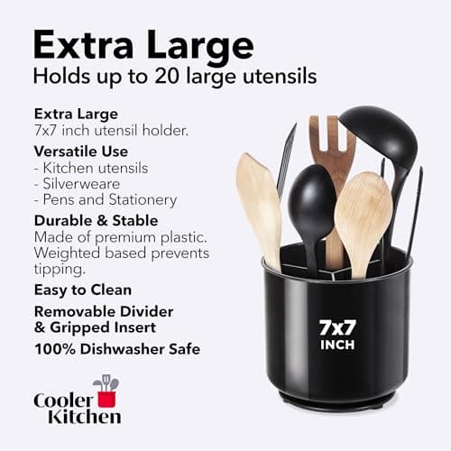 Cooler Kitchen Jumbo Extra Large Sturdy Rotating Black Utensil Holder Caddy with No-Tip Weighted Base, and Gripped Insert - Rust Proof and Dishwasher Safe Kitchen Utensils Holder 8