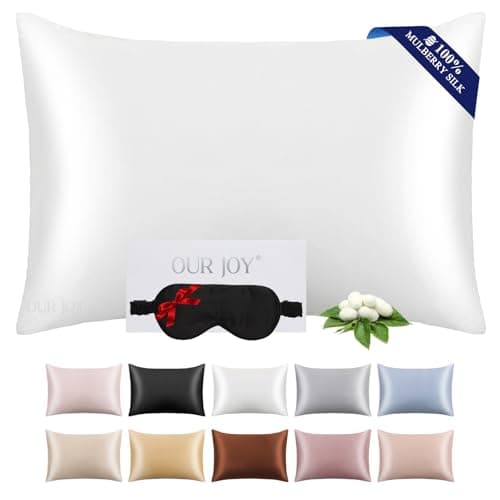 100% Mulberry Silk Pillowcase 22 Momme (SGS Certified) with Free Silk Eye Mask - Luxury Gift-Ready Folded Packaging, Cooling Pillow Cover for Hair & Skin Care (White, Standard (1 Pack))