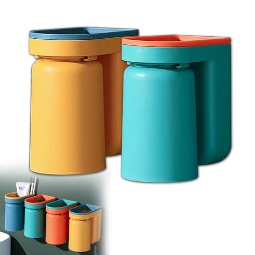 Toothbrush Holder Wall Mounted with Cup,2-in-1 Toothbrush Holders & Cups Set,Inverted Design for Easy Cleaning and draining,Stick-on Toothbrush Holder for Bathroom (Green+Yellow)
