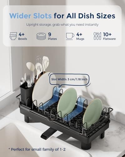 Nacial 2-in-1 Small Dish Drying Rack Fits 14''–21.8'' Sink, Dish Drainers for Kitchen Counter Extend Kitchen Sink Drain Basket with Utensil Holder & Auto-Drain Tray, Stainless Steel Plate Rack, Black 6