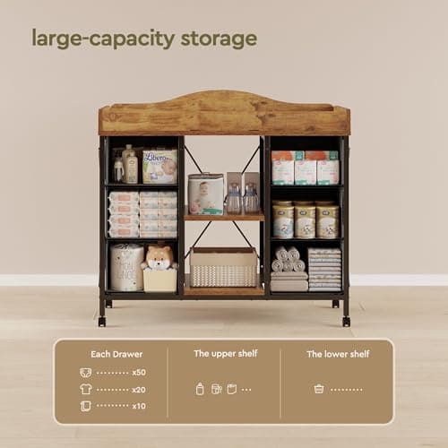 Yetom Changing Table, 6-Drawer Baby Dresser with Changing Table top,Waterproof Diaper Changing Station & Pad, 2 Height-Adjustable Open Storage Shelves, Mobile Nursery Organizer, Rustic Brown 5