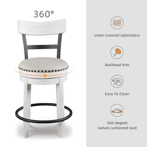 Signature Design by Ashley Valebeck Barstool, Rustic-Industrial Counter Height Chair, 360° Swivel, Wood & Metal Frame, Cushioned Seat, Ideal for Kitchen Island with Seating, Vintage White 6