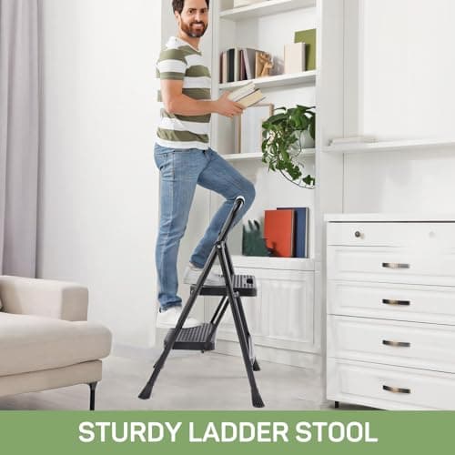 2 Step Ladder Foldable, Sturdy Step Stool Ladder with Anti-Slip Pedal, Portable Lightweight Folding Step Tool, Black 7