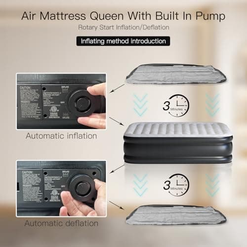 Lavisx Queen Air Mattress with Built in Pump 18 Inch High Air Mattress Queen Knob Start Fast 3 Minutes Inflate/Deflate for All Indoor and Outdoor Locations Gray & Black 5