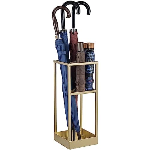 Umbrella Stand,Umbrella Holder for Entryway,20 Inch Tall Modern Brass Tone Metal Geometric Freestanding Entryway Umbrella Rack or Cane Holder with Shelf for Small Umbrellas and Bottom Drip Tray