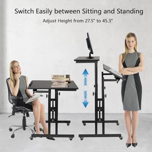 Hadulcet Mobile Standing Desk with Charging Station, Adjustable Standing Computer Desk, Standing Adjustable Laptop Cart with Wheels for Home Office Classroom Black 5