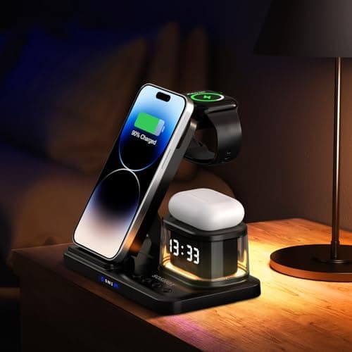 SOSHOT 5 in 1 Wireless Charger with Clock Night Light Alarm Clock for Apple Devices for iPhone 15 14 13 12 11 Pro Max Apple Watch for Apple Watch - Black 6