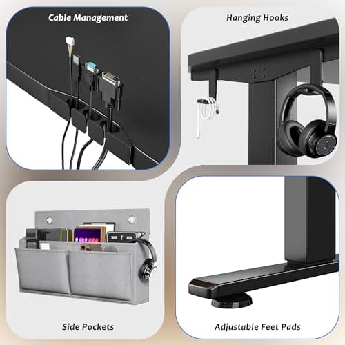 EnHomee Electric Standing Desk with LED Lights,48 x 24 Inch Height Office Desk with 3 Memory Preset, Adjustable Computer Desk with Storage Side Pocket and Cable Management,Black 6