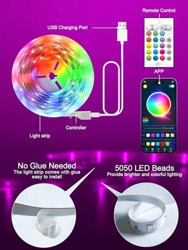 GIPOYENT LED Lights for TV, 16.4FT TV LED Backlight, for 45-75 Inch TV, Music Sync TV LED Light with Bluetooth Function - RGB Color Changing Light Strip for Bedroom (16.4ft) 6