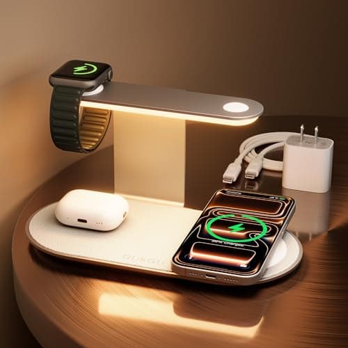 GUSGU 3 in 1 Charging Station for MagSafe Wireless Charger with Three-Level Night Light, 15W Max Fast Charging for iPhone 17/16/15/14/13/, Apple Watch Series 2-11/SE 3/ Ultra 3, AirPods Pro 3-Gray