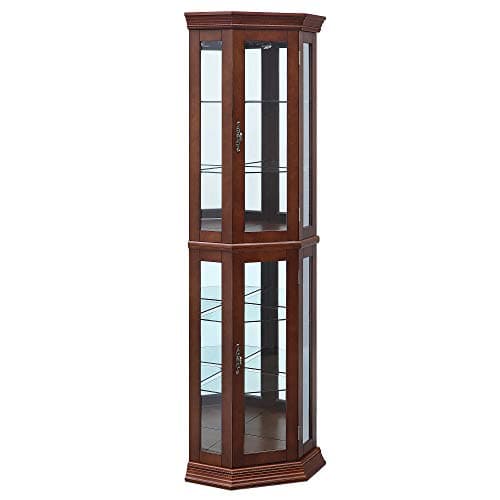 BELLEZE Lighted Wooden Corner Display Curio Cabinet, Two Section Shelving Unit with Tempered Glass Door, Bar and Liquor Storage Area with 6 Shelves - Lorona (Walnut) 6