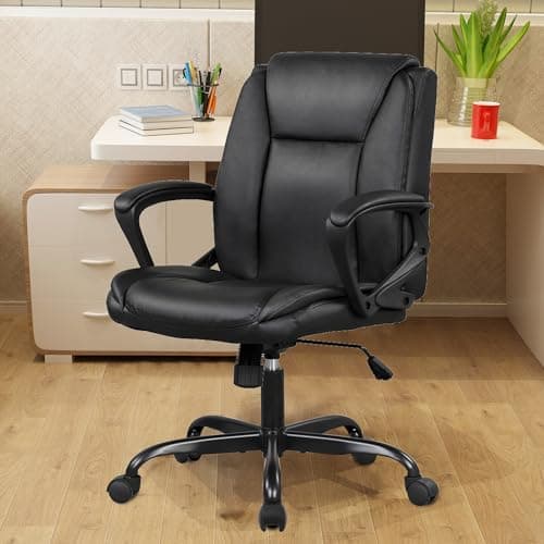 PayLessHere PU Leather Task Chair Home Office Chair Ergonomic Desk Chair with Lumbar Support and Armrests Adjustable Features with Mid Back Swivel Executive Computer Chair (Black) 8
