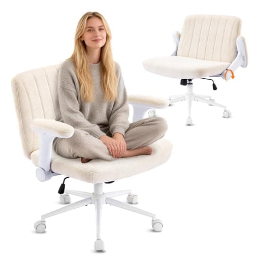 VINGLI Criss Cross Chair with Adjustable Flip-Up Arms,Cross Legged Chair with Wheels, Extra Wide Office Chair,Cozy Desk Chair for Home Office, Vanity, Apartment,Chenille Velvet,Beige