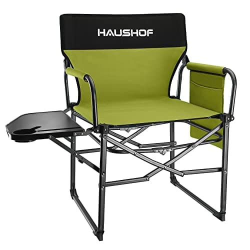 HAUSHOF Camping Chair with Side Table and Storage Pockets, Portable Folding Directors Chair, Heavy Duty Camp Chair for Adults Outdoor Fishing Beach, Blue