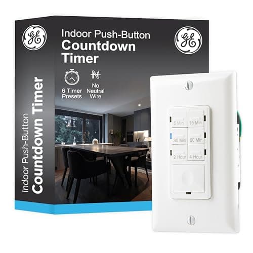 GE Push-Button in-Wall Countdown Timer Switch, On/Off, No Neutral Wire Needed, Ideal for Lights, Bathroom Fan, Exhaust Fans, Heaters, Wall Plate Included, 15318