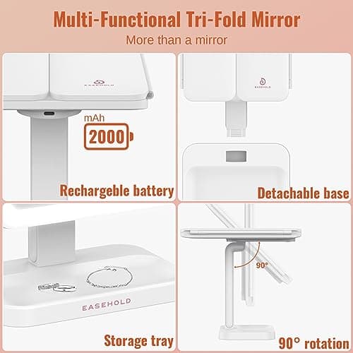 EASEHOLD Lighted Makeup Mirror with 3X Magnification, 3 Color Lights & Touch Sensor - Rechargeable Trifold Vanity Mirror for Travel, Desk, Home Use 5
