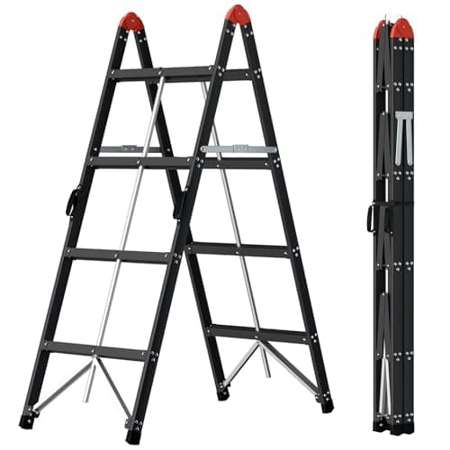 APARECIUM Foldable Twin Front Ladder, Collapsible A Frame 4-Step Ladder, Compact Step Stool with Wide Anti-Slip Pedal, Metal Portable Lightweight Ladder, EN131, 375lb Capacity